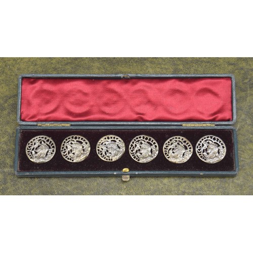 635 - Set of six Art Nouveau silver plated buttons, each cast with a stylised maiden profile with a floral... 