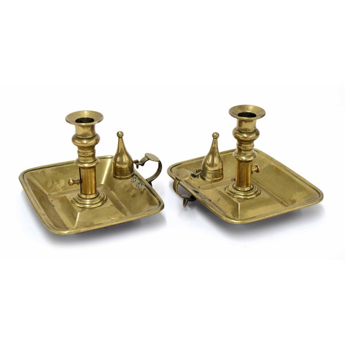 638 - Pair of 19th century brass chamber sticks with snuffers, over rectangular drip trays 7