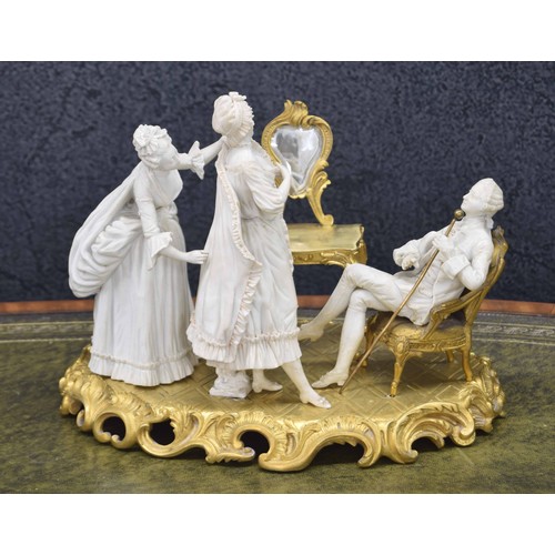 723 - French 19th century bisque porcelain and ormolu mounted figural group, modelled as an interior scene... 