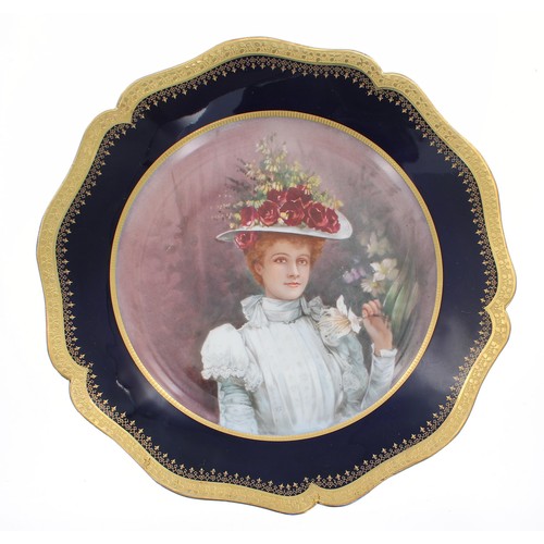 728 - Limoges Guerin WG & Co. porcelain portrait cabinet plate, with gilt highlighted lobed rim and bl... 