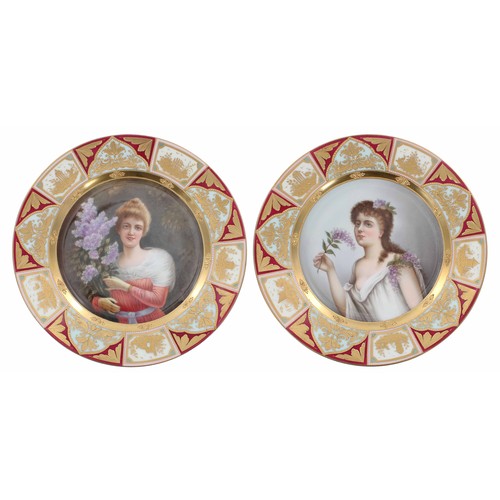 729 - Attractive pair of Vienna porcelain cabinet plates, each pained with portraits of a lady's with flow... 