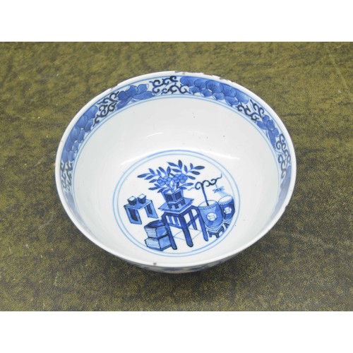 746 - Chinese export blue and white porcelain bowl, decorated with an interior scene with jardinière on st... 