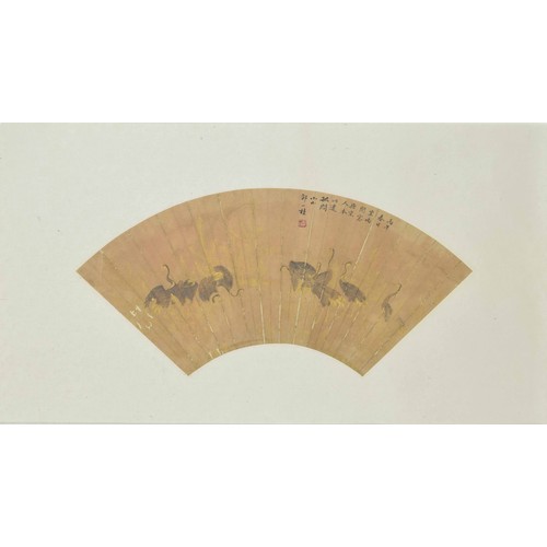 762 - Powdered gold outlined cranes on paper, Possibly Zou Yigui, with artists inscriptions and seal, 25