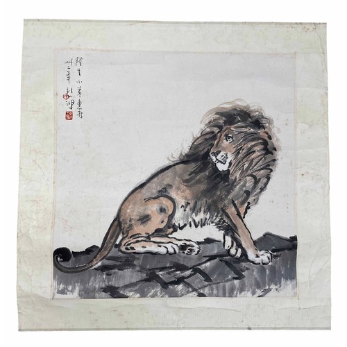 765 - Chinese ink and watercolour on paper of a Lion, Possibly Xu Beihong, with artist inscriptions and se... 