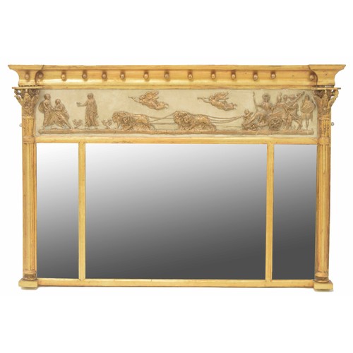 878 - Good 19th century giltwood and gesso overmantel mirror, with a chariot scene panel over three bevell... 