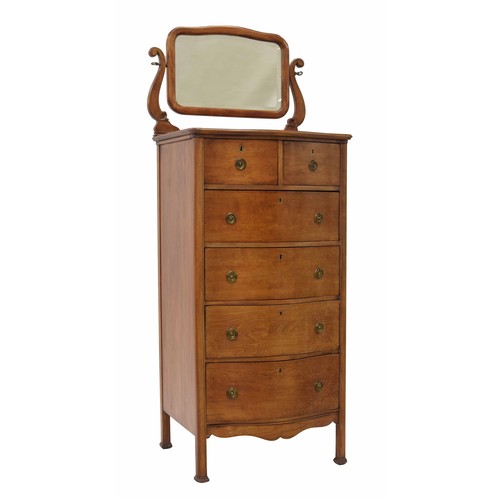 886 - French mahogany serpentine tall boy chest of drawers, with swing mirror, 24