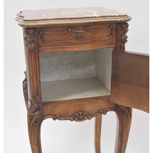 887 - French bedside pot cupboard, the serpentine  rouge marble top over a single drawer and carved applie... 