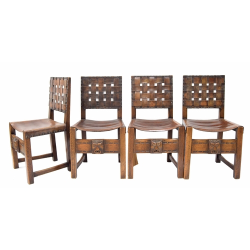 855 - Set of four Arts & Crafts style oak dining chairs, with slung leather seat and lattice leather s... 