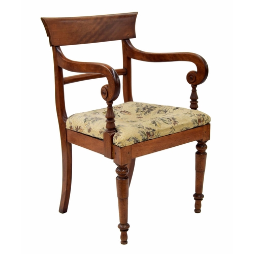 858 - Regency mahogany carver chair, the bar back over scrolling arms raised on turned supports over an up... 