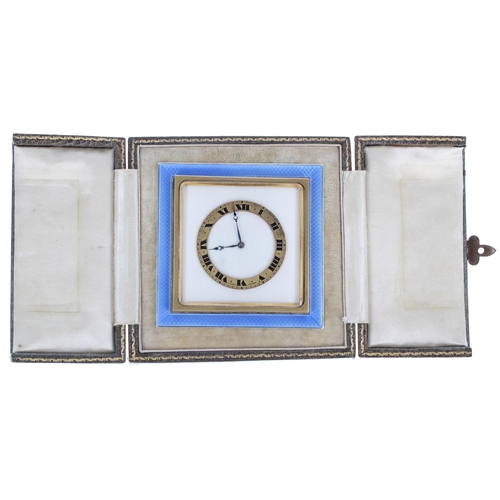 691 - Art Deco silver and blue guilloche enamel travel clock, Birmingham 1925, with a Swiss 8 days movemen... 