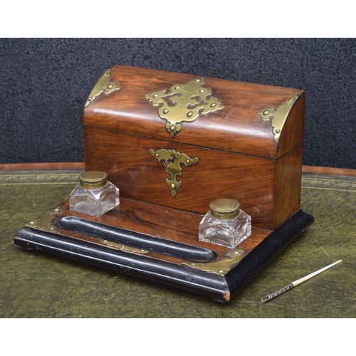 639 - Victorian walnut stationary/desk box, the hinged cover with applied brass mounts enclosing a divided... 