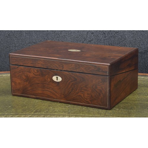 642 - Victorian rosewood writing slope, the hinged top with mother of pearl plaque and escutcheon, enclosi... 