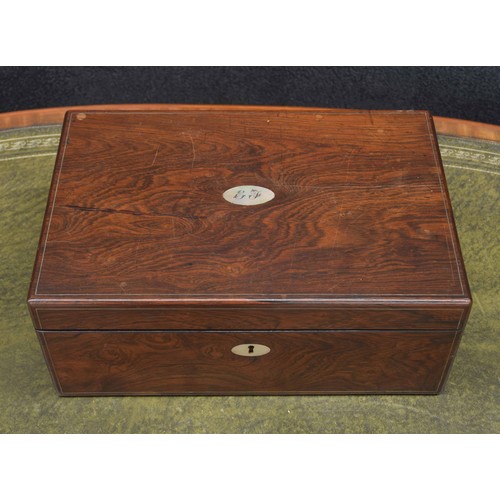 642 - Victorian rosewood writing slope, the hinged top with mother of pearl plaque and escutcheon, enclosi... 