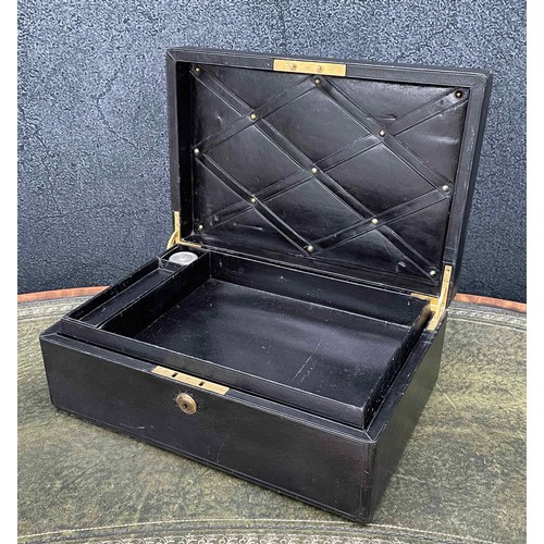 649 - Early 20th century leather bound travelling stationery case, the hinged cover with recessed brass ha... 