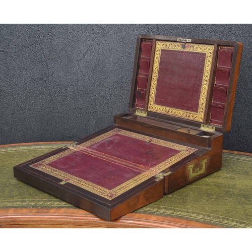 657 - 19th century rosewood and brass inlaid writing slope, the hinged cover with foliate brass inlaid bor... 