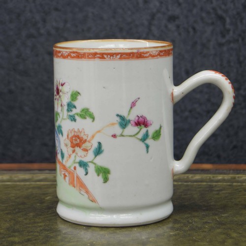 743 - 18th century Chinese famille rose porcelain tankard, decorated with a blossom garden scene with flor... 