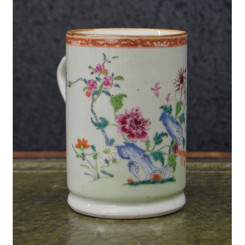 743 - 18th century Chinese famille rose porcelain tankard, decorated with a blossom garden scene with flor... 