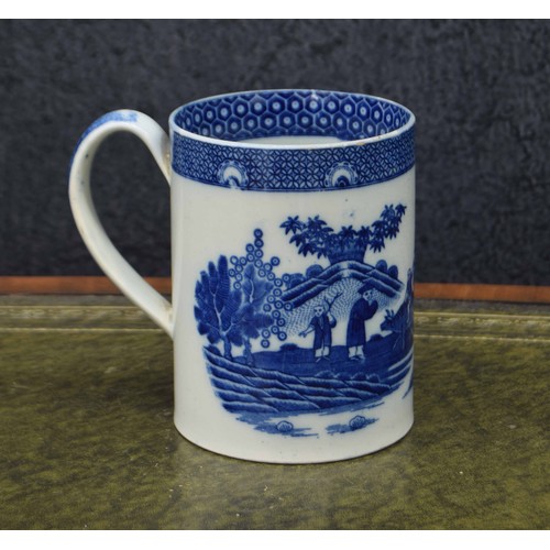 731 - 19th century pearlware blue and white porcelain tankard, decorated with a scene of figures in a fiel... 