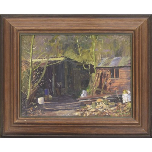 832 - David Cobley NEAC., RP (b.1954) - A sunlit yard with two sheds beside trees, signed oil on canvas, 1... 