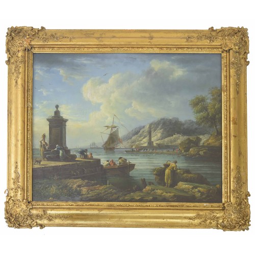 820 - After Jean Baptist Pillement (1728-1808) - French, a busy harbour scene, oil on metal, 16