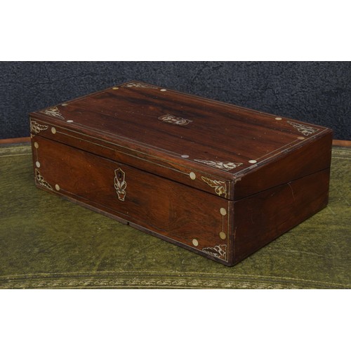 665 - Victorian rosewood writing slope, the hinged case with mother of pearl foliate applied corners and b... 