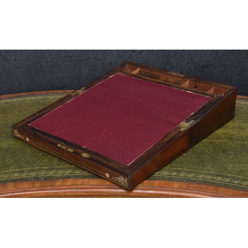 665 - Victorian rosewood writing slope, the hinged case with mother of pearl foliate applied corners and b... 