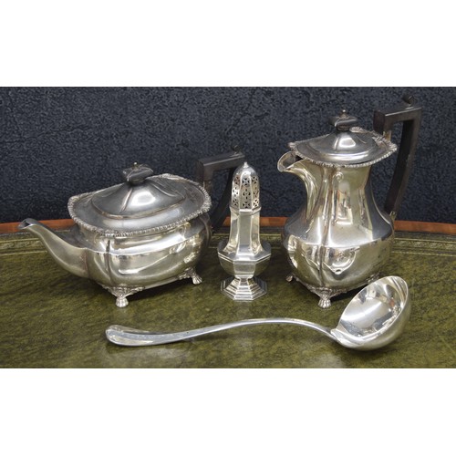 690 - Selection of silver plated items; large serving ladle, Mappin & Webb's Prince's plate teapot and... 