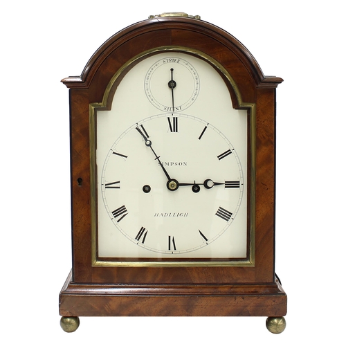 1511 - English mahogany double fusee bracket clock, the painted white arched dial signed Simpson, Hadleigh ... 