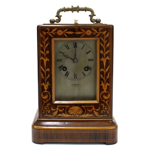 1513 - Small French rosewood inlaid two train mantel clock, the silvered dial and movement back plate both ... 