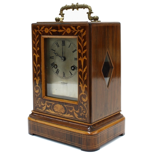 1513 - Small French rosewood inlaid two train mantel clock, the silvered dial and movement back plate both ... 