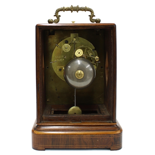 1513 - Small French rosewood inlaid two train mantel clock, the silvered dial and movement back plate both ... 