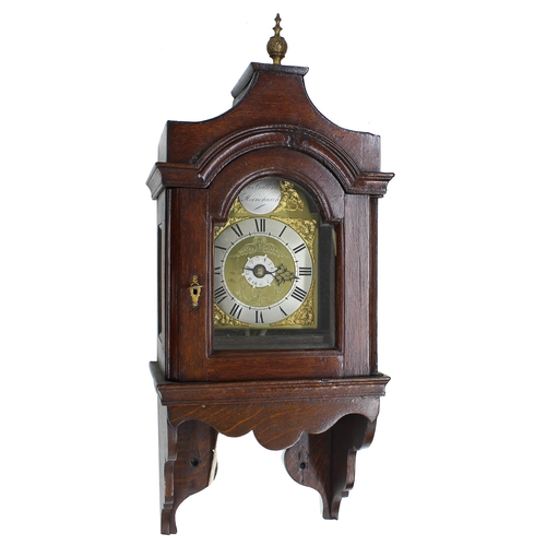 1709 - Small oak cased hooded single train verge wall clock with alarm, the 5