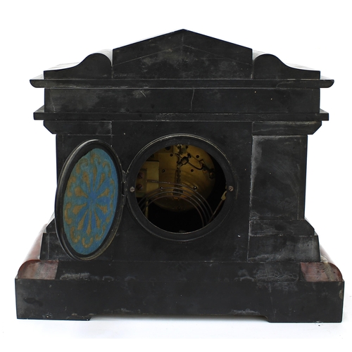 2318 - French black and red marble two train mantel clock, the Japy Freres movement striking on a gong, the... 