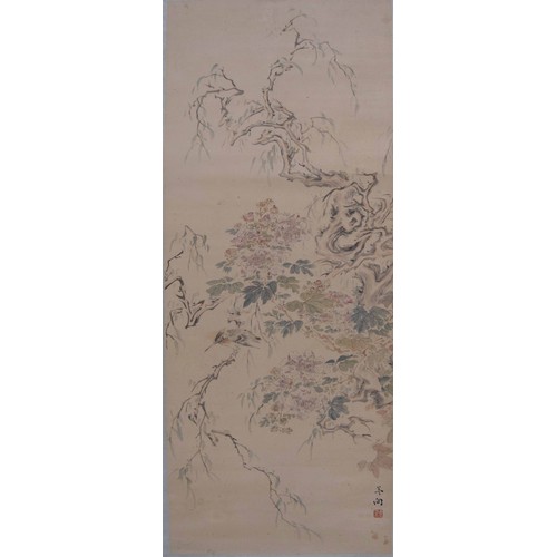 766 - Chinese ink and watercolor on paper scroll - A hunting bird on tree, Attributed to Huang Binhong, 22... 