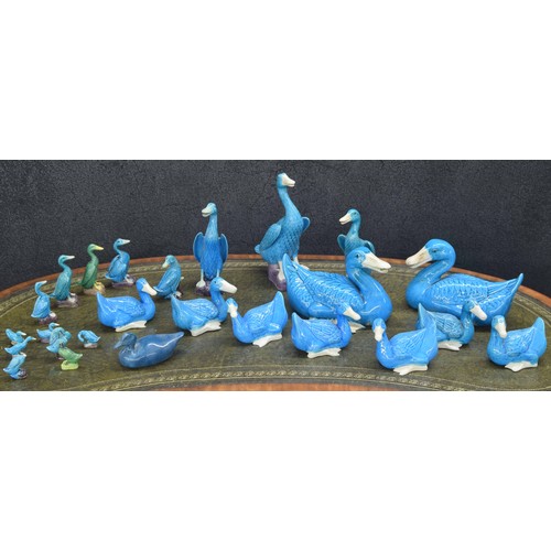 755 - Collection of turquoise blue glazed porcelain duck figures, tallest 10