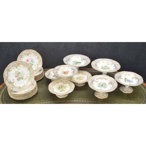 717 - Minton's 19th century dessert service, decorated with floral sprays within gilt highlighted scrollin... 