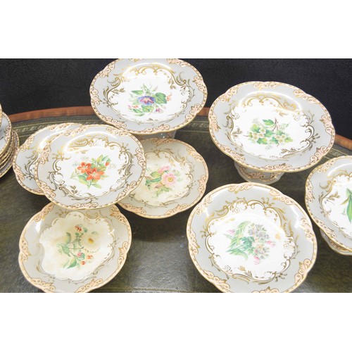 717 - Minton's 19th century dessert service, decorated with floral sprays within gilt highlighted scrollin... 