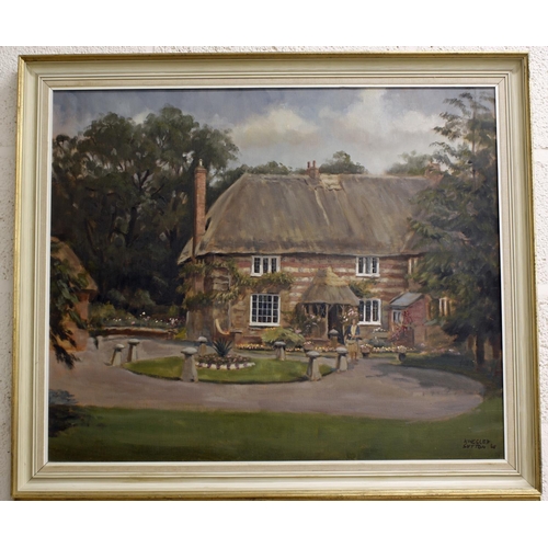 814 - Kingsley Sutton (20th/21st century) - a lady in a garden beside a thatched cottage, signed and dated... 