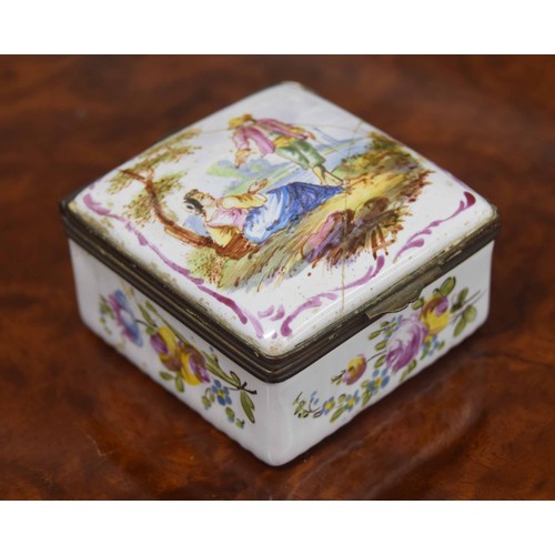 726 - French enamel square box with hinged cover decorated with a figural scene, inscribed 'Lille 1763' to... 