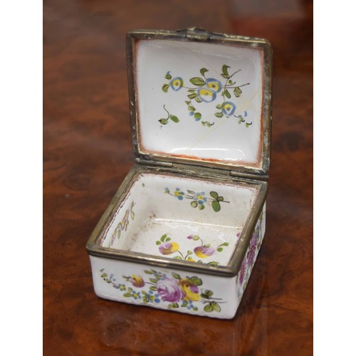 726 - French enamel square box with hinged cover decorated with a figural scene, inscribed 'Lille 1763' to... 