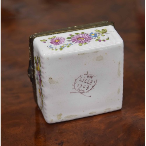 726 - French enamel square box with hinged cover decorated with a figural scene, inscribed 'Lille 1763' to... 