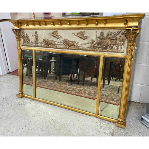 878 - Good 19th century giltwood and gesso overmantel mirror, with a chariot scene panel over three bevell... 