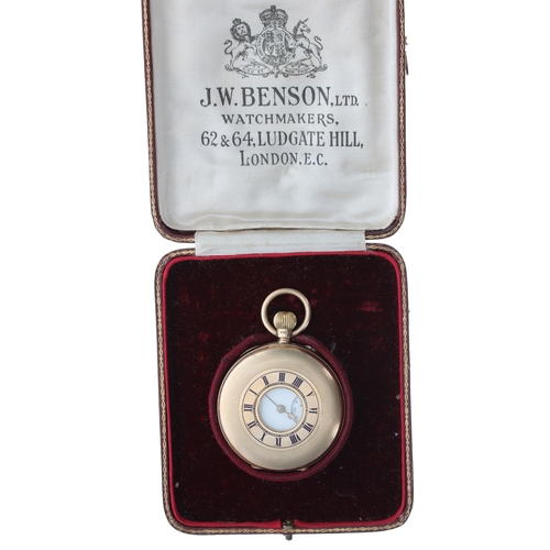 315 - J.W. Benson 'The Bank' 9ct half hunter lever pocket watch, London 1927, gilt three quarter plate mov... 