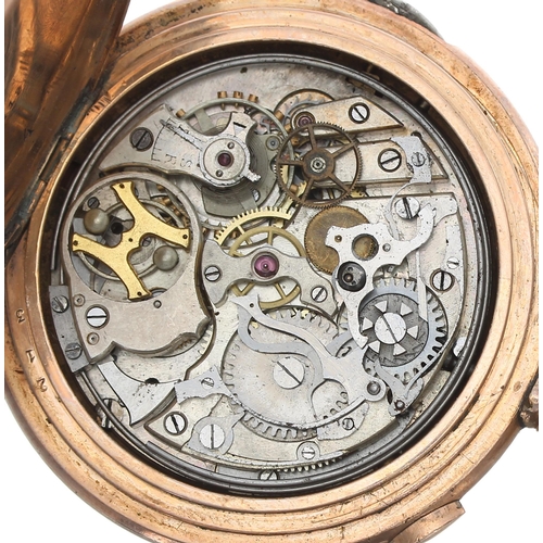 329 - Centre seconds chronograph repeating gold plated lever set hunter pocket watch, the movement with co... 