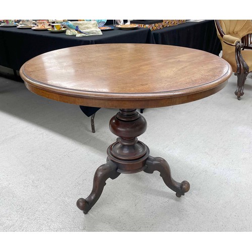 891 - Victorian mahogany circular tilt-top breakfast table, the moulded tilting top over a baluster turned... 