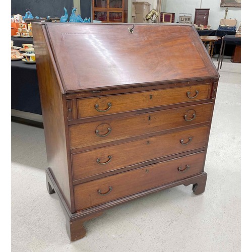 892 - Georgian mahogany bureau, the hinged fall front enclosing a divided stationary interior with drawers... 