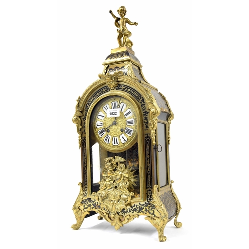 1522 - Good French Boulle and ormolu mounted two train bracket clock, the movement striking on a gong, the ... 