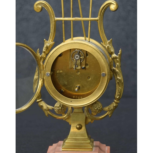 2528 - Small ormolu and pink marble lyre drumhead mantel clock timepiece with platform escapement, 2.5