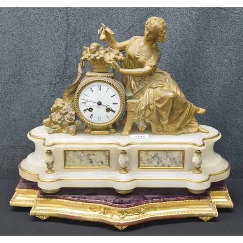 2342 - French gilt metal white onyx and grey marble two train drumhead figural mantel clock, the movement w... 