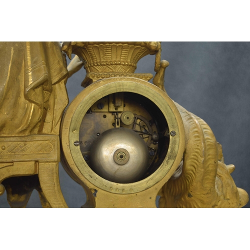 2342 - French gilt metal white onyx and grey marble two train drumhead figural mantel clock, the movement w... 